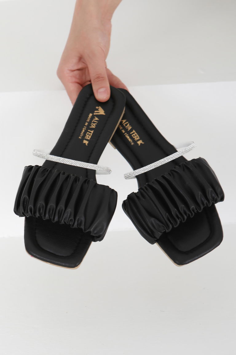 Kadın Siyah Taşlı Terlik - 27405 - TOFİSA