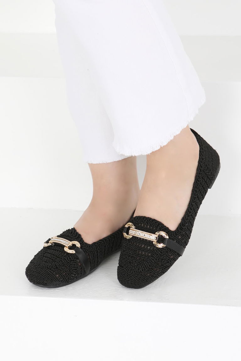 Kadın Siyah Triko Tokalı Babet - 27414 - TOFİSA