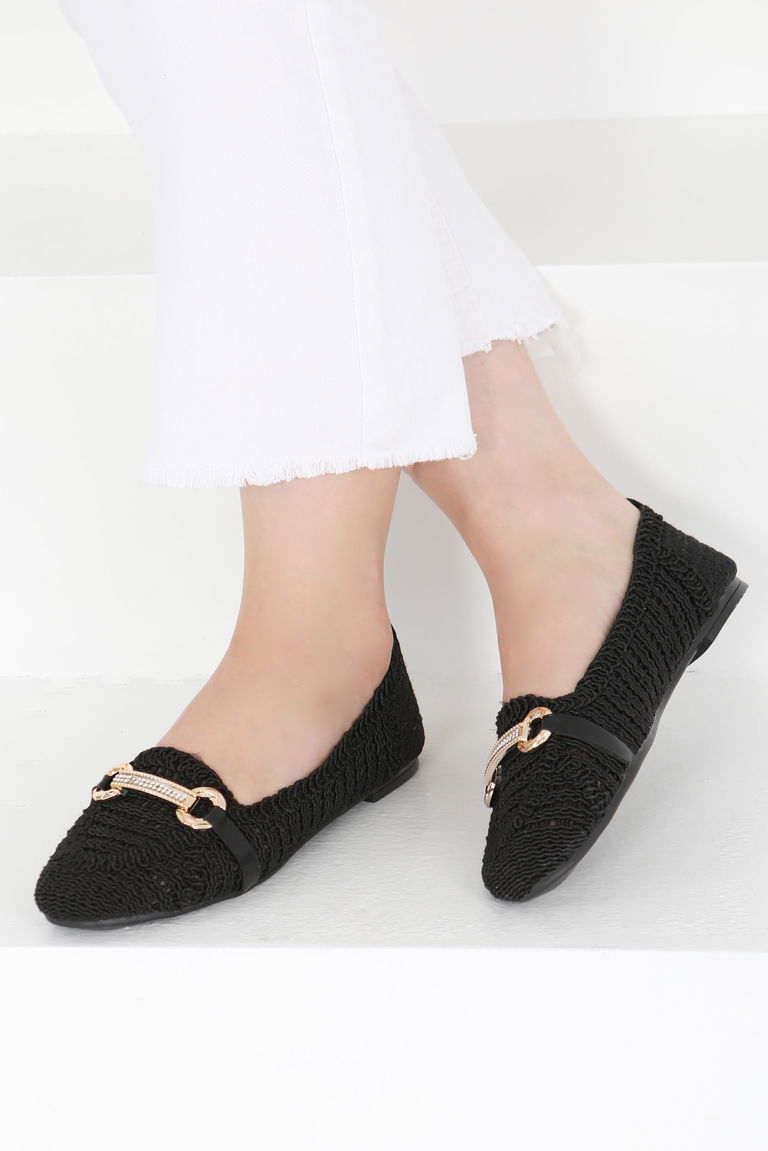 Kadın Siyah Triko Tokalı Babet - 27414 - TOFİSA