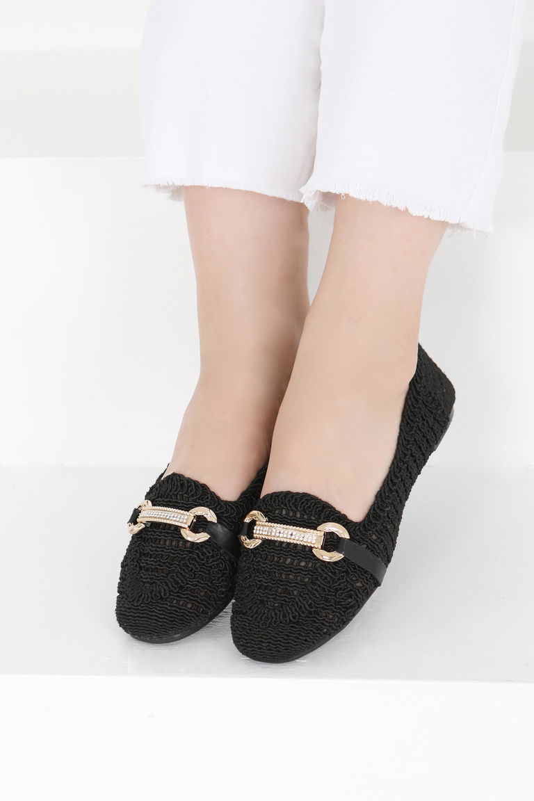 Kadın Siyah Triko Tokalı Babet - 27414 - TOFİSA