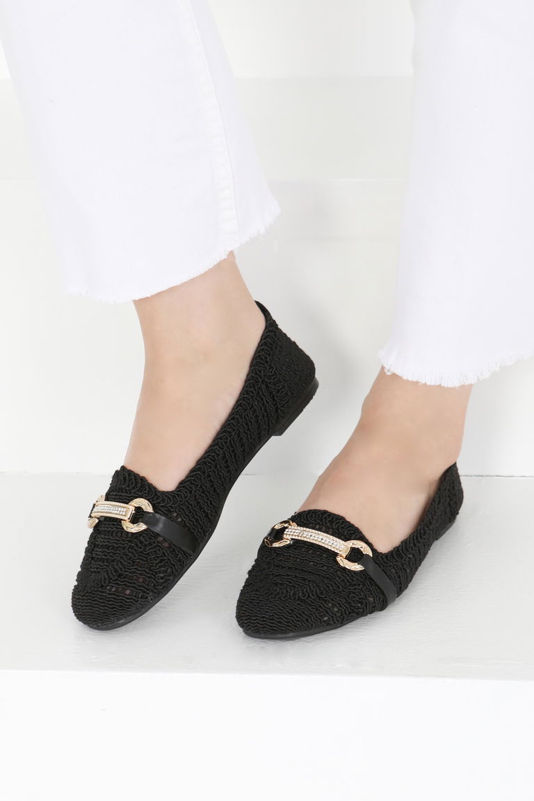 Kadın Siyah Triko Tokalı Babet - 27414 - TOFİSA