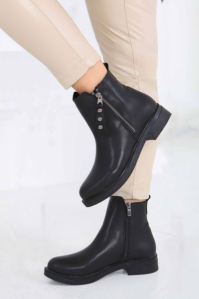 Kadın Siyah Yanları Fermuarlı Suni Deri Bot - 27849-SIYAH 