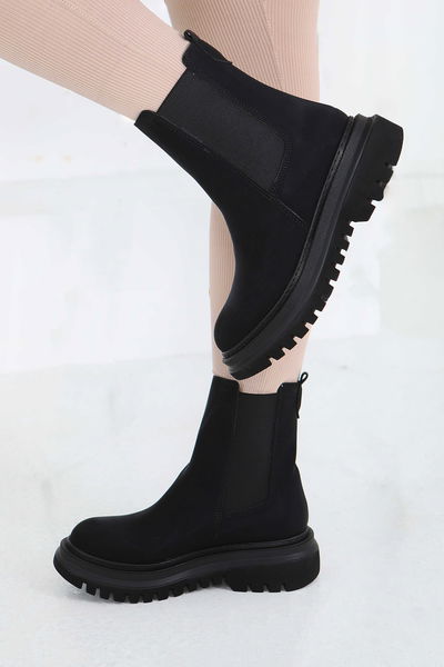 Kadın Siyah Yanları Lastikli Süet Bot - 27847-SIYAH 