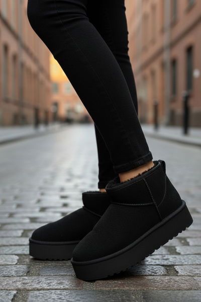 Kadın Siyah Yüksek Taban Yarım Süet Bot - 28078-SIYAH 