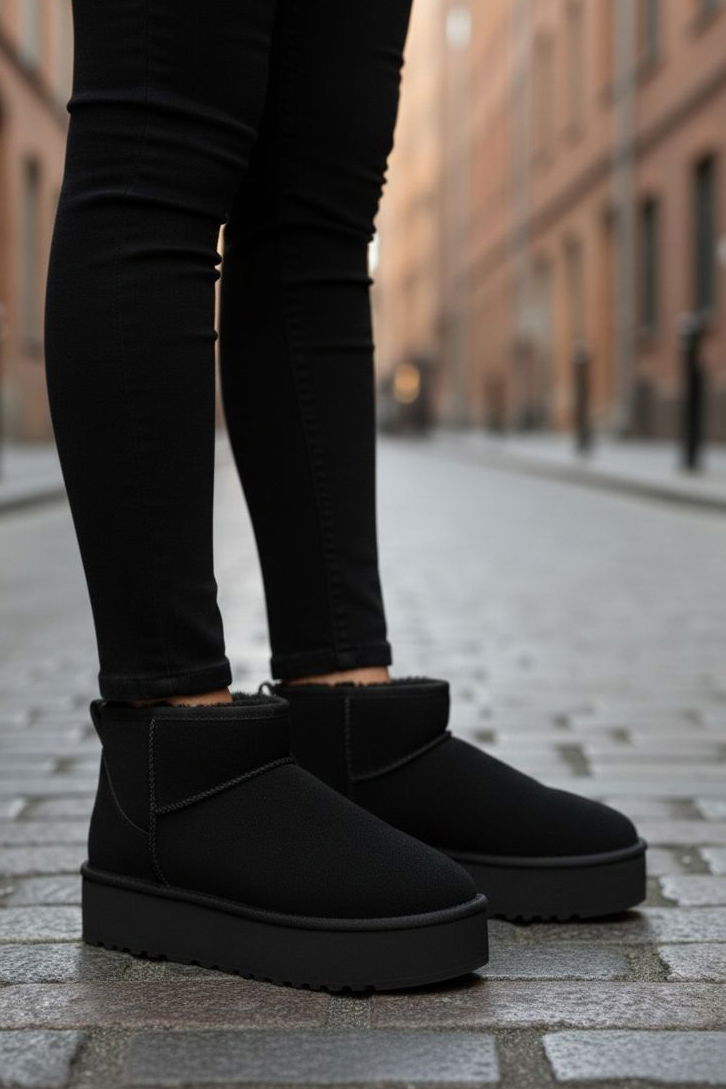 Kadın Siyah Yüksek Taban Yarım Süet Bot - 28078-SIYAH - 2