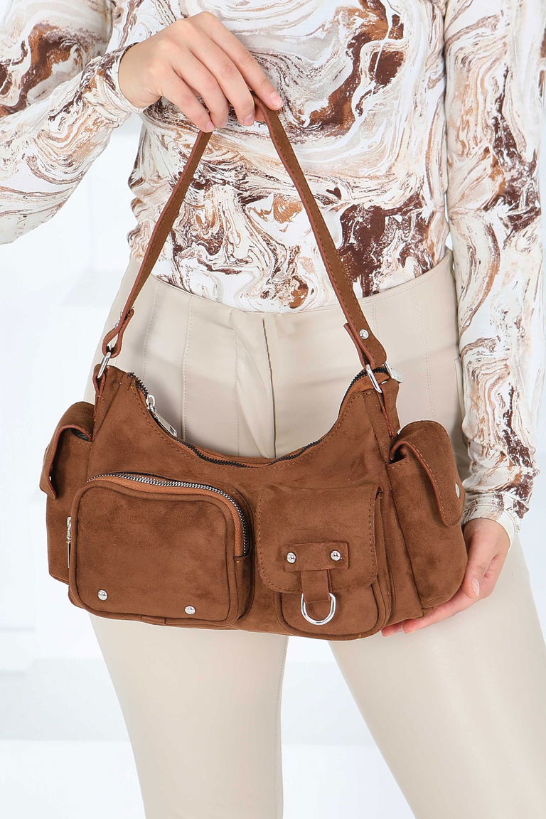 Kadın Taba Cep Detaylı Süet Kol Çantası - 27846-TABA - TOFİSA