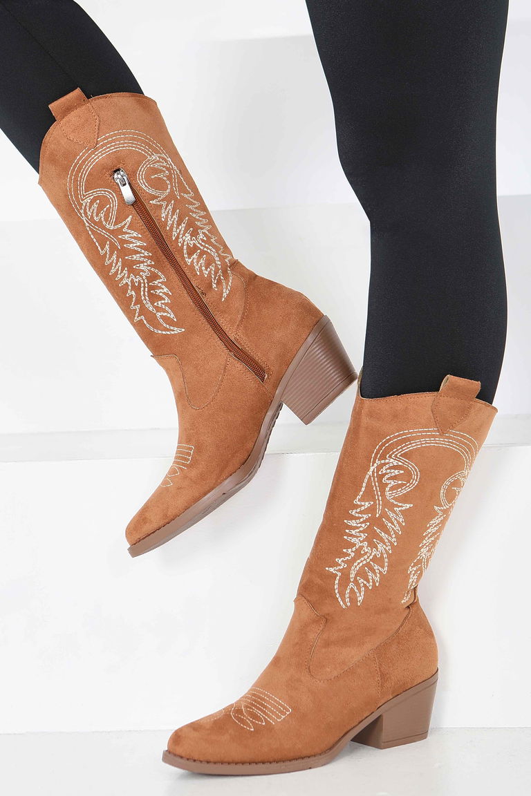Kadın Taba Nakışlı Kovboy Fermuarlı Süet Çizme - 27851-TABA - TOFİSA