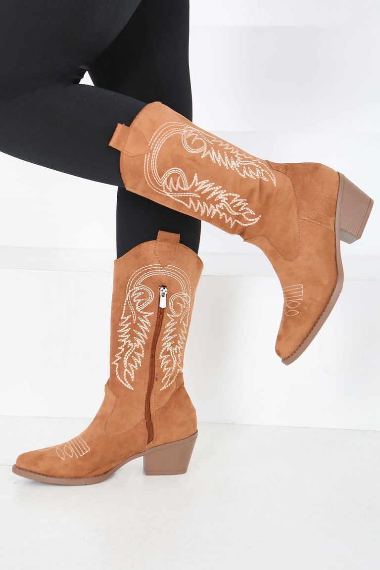 Kadın Taba Nakışlı Kovboy Fermuarlı Süet Çizme - 27851-TABA - TOFİSA