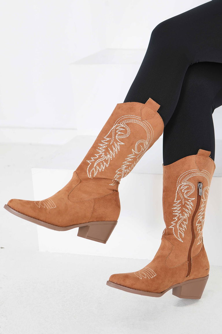 Kadın Taba Nakışlı Kovboy Fermuarlı Süet Çizme - 27851-TABA - TOFİSA