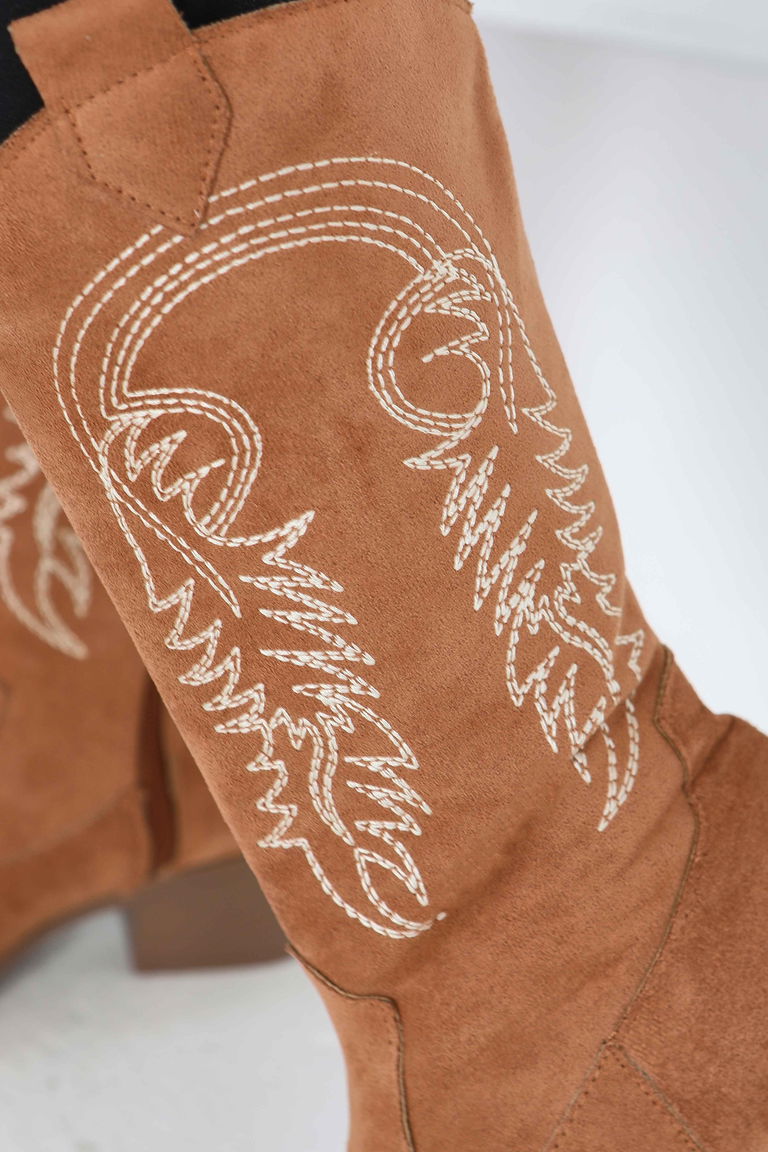 Kadın Taba Nakışlı Kovboy Fermuarlı Süet Çizme - 27851-TABA - TOFİSA