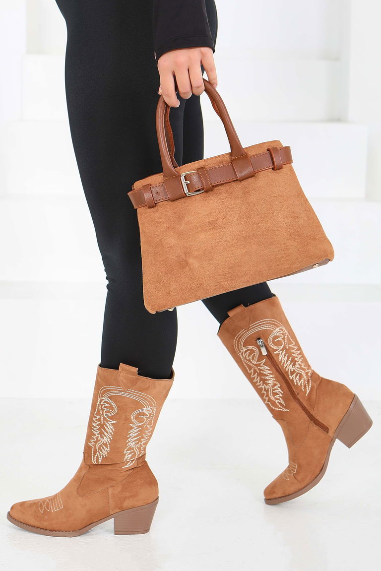 Kadın Taba Süet Detaylı El Çantası - 27842-TABA - TOFİSA