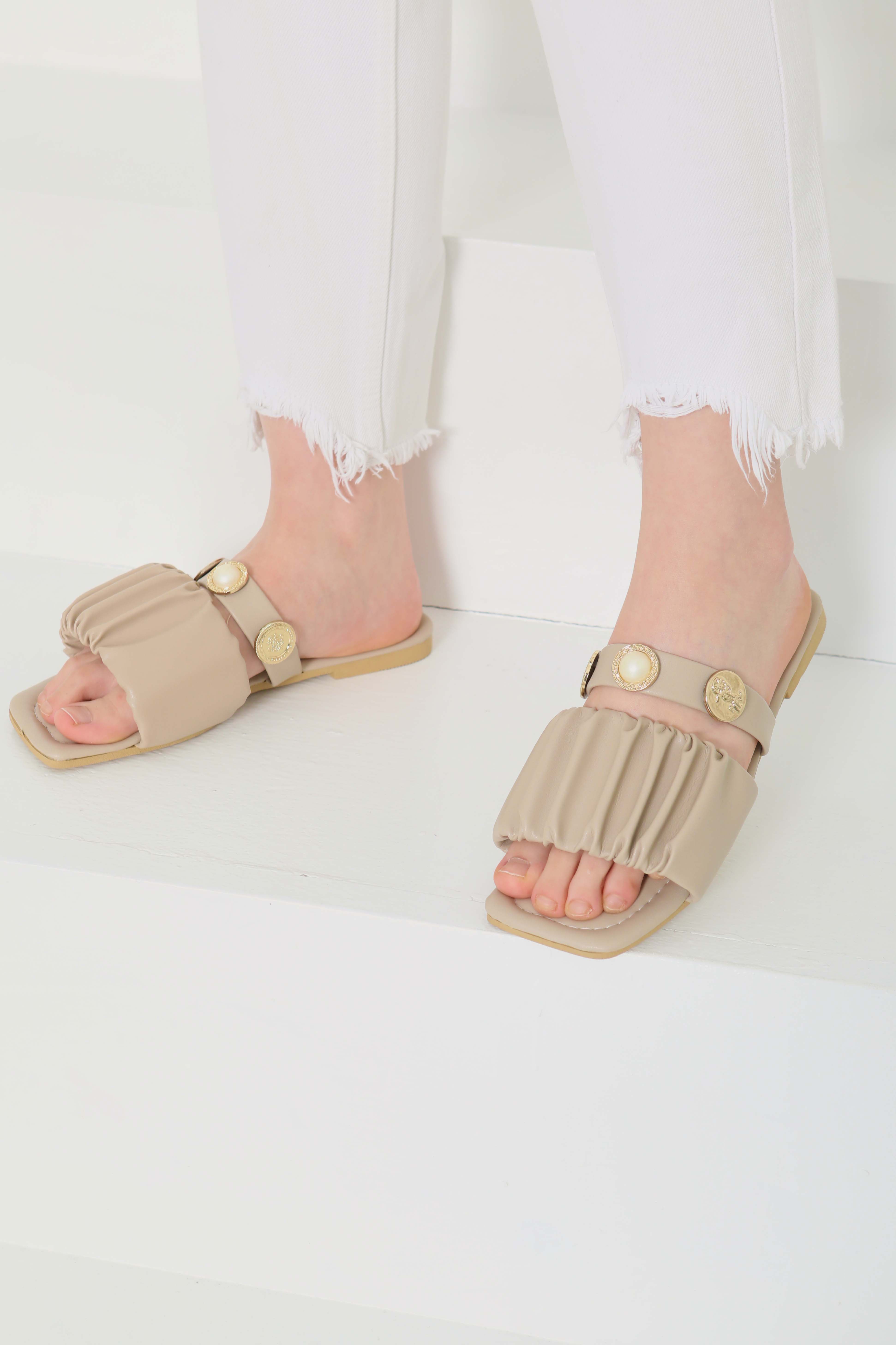 Kadın Vizon Büzgülü İncili Terlik - 27110 - 1