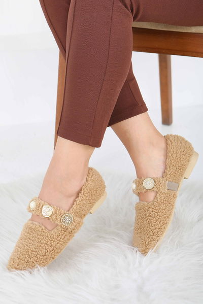 Kadın Vizon İnci Ve Tuğra Detaylı Peluş Babet - 27911-VIZON 