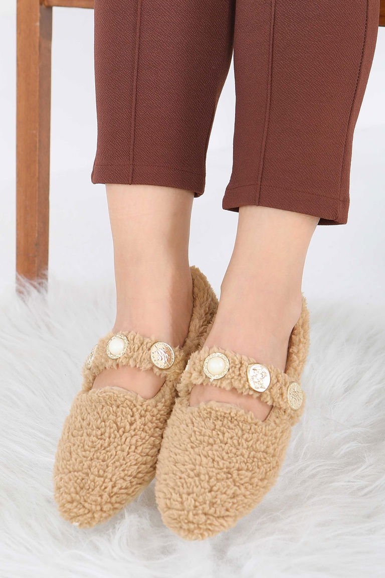 Kadın Vizon İnci Ve Tuğra Detaylı Peluş Babet - 27911-VIZON - TOFİSA