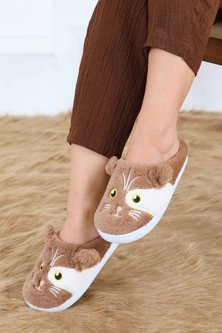 Kadın Vizon Kedi İşleme Detaylı Ev Terliği - 27778-VIZON - TOFİSA