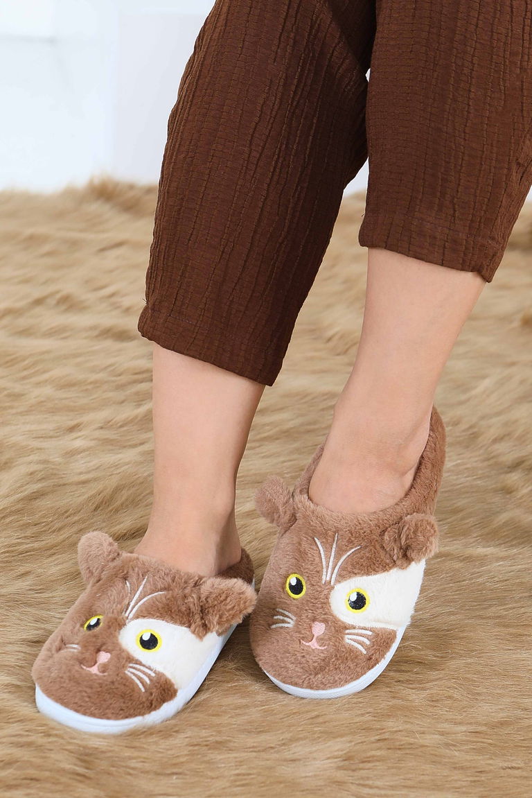 Kadın Vizon Kedi İşleme Detaylı Ev Terliği - 27778-VIZON - TOFİSA