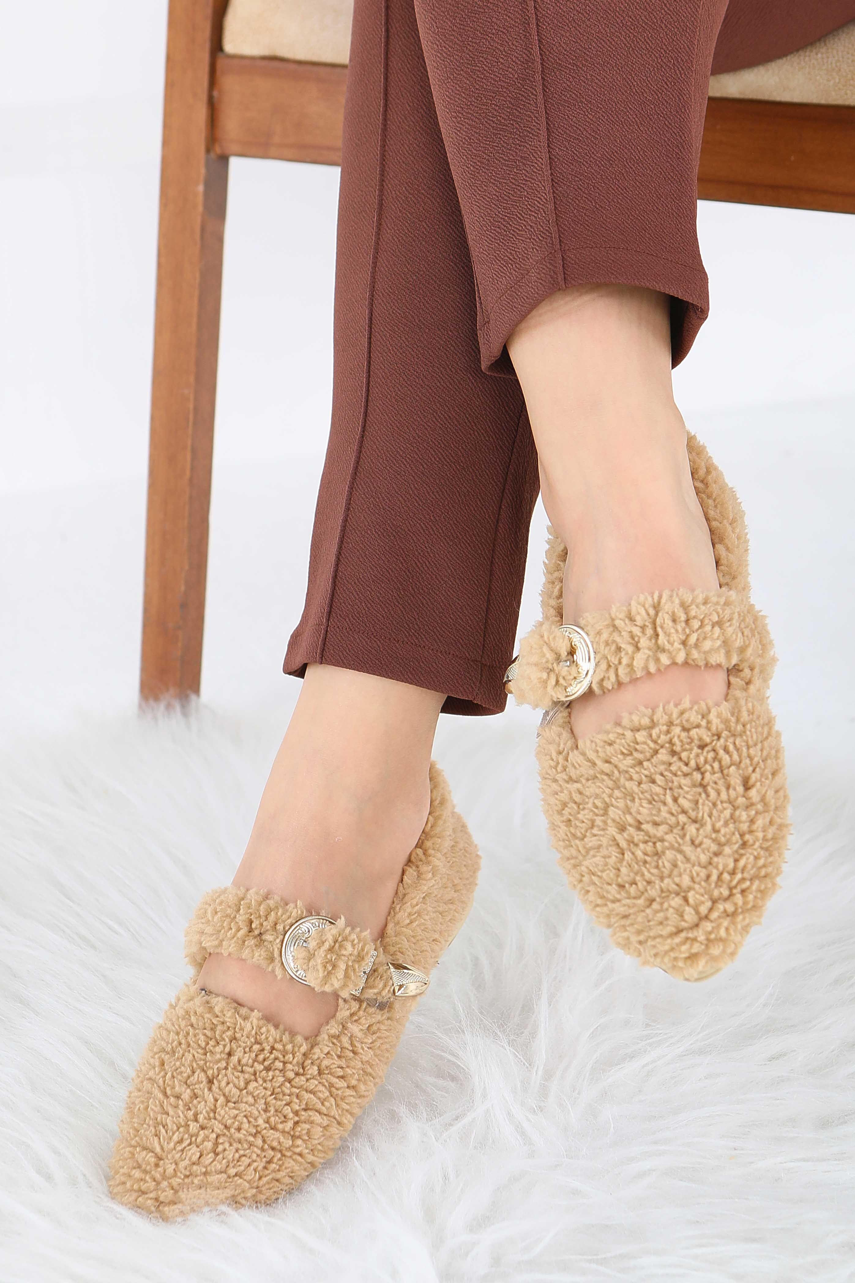 Kadın Vizon Kemer Detaylı Peluş Babet - 27910-VIZON - 1