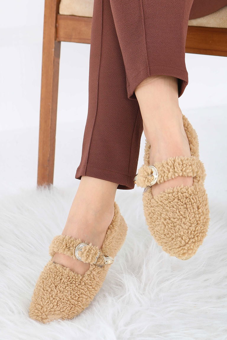 Kadın Vizon Kemer Detaylı Peluş Babet - 27910-VIZON - TOFİSA