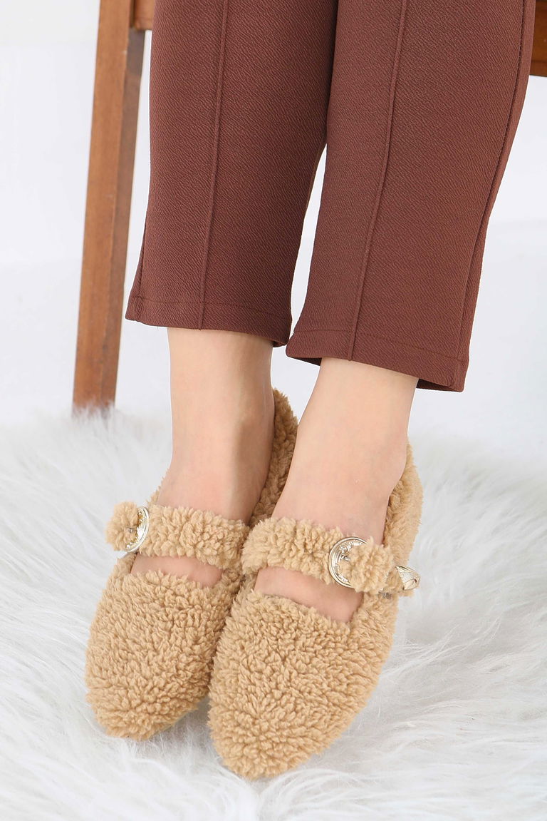 Kadın Vizon Kemer Detaylı Peluş Babet - 27910-VIZON - TOFİSA