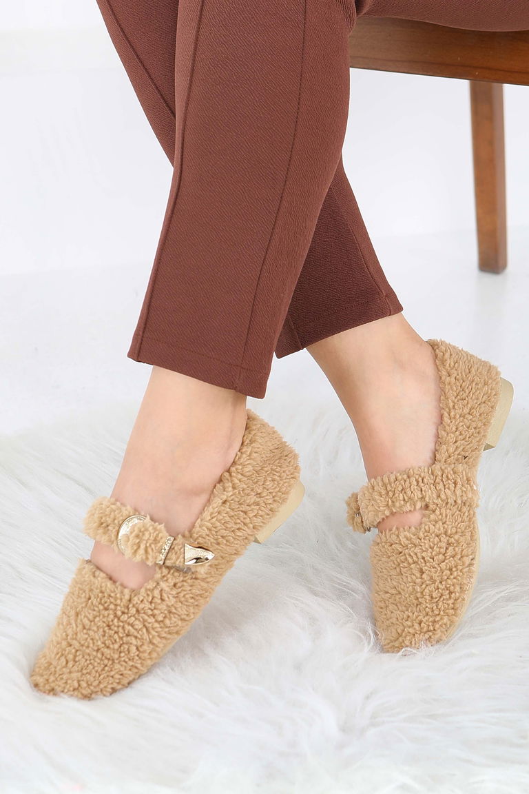 Kadın Vizon Kemer Detaylı Peluş Babet - 27910-VIZON - TOFİSA