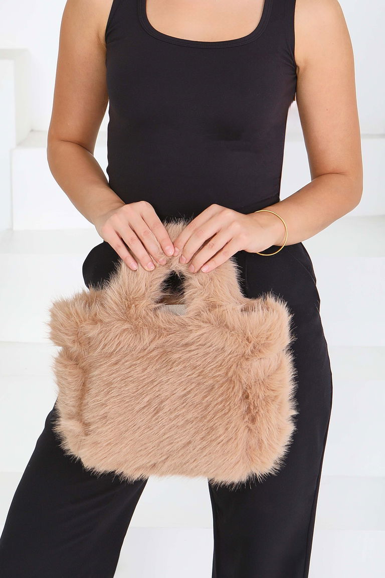 Kadın Vizon Kürklü El Çantası - 27841-VIZON - TOFİSA