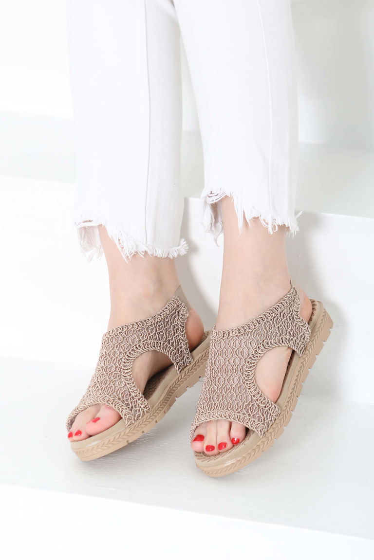 Kadın Vizon Nakış Hasırlı Sandalet - 27156 - TOFİSA