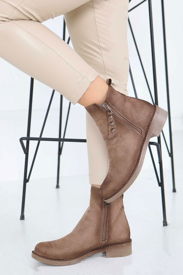 Kadın Vizon Yanları Fermuarlı Süet Bot - 27850-VIZON - TOFİSA