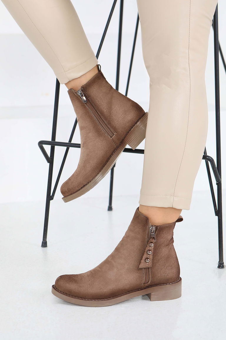 Kadın Vizon Yanları Fermuarlı Süet Bot - 27850-VIZON - TOFİSA