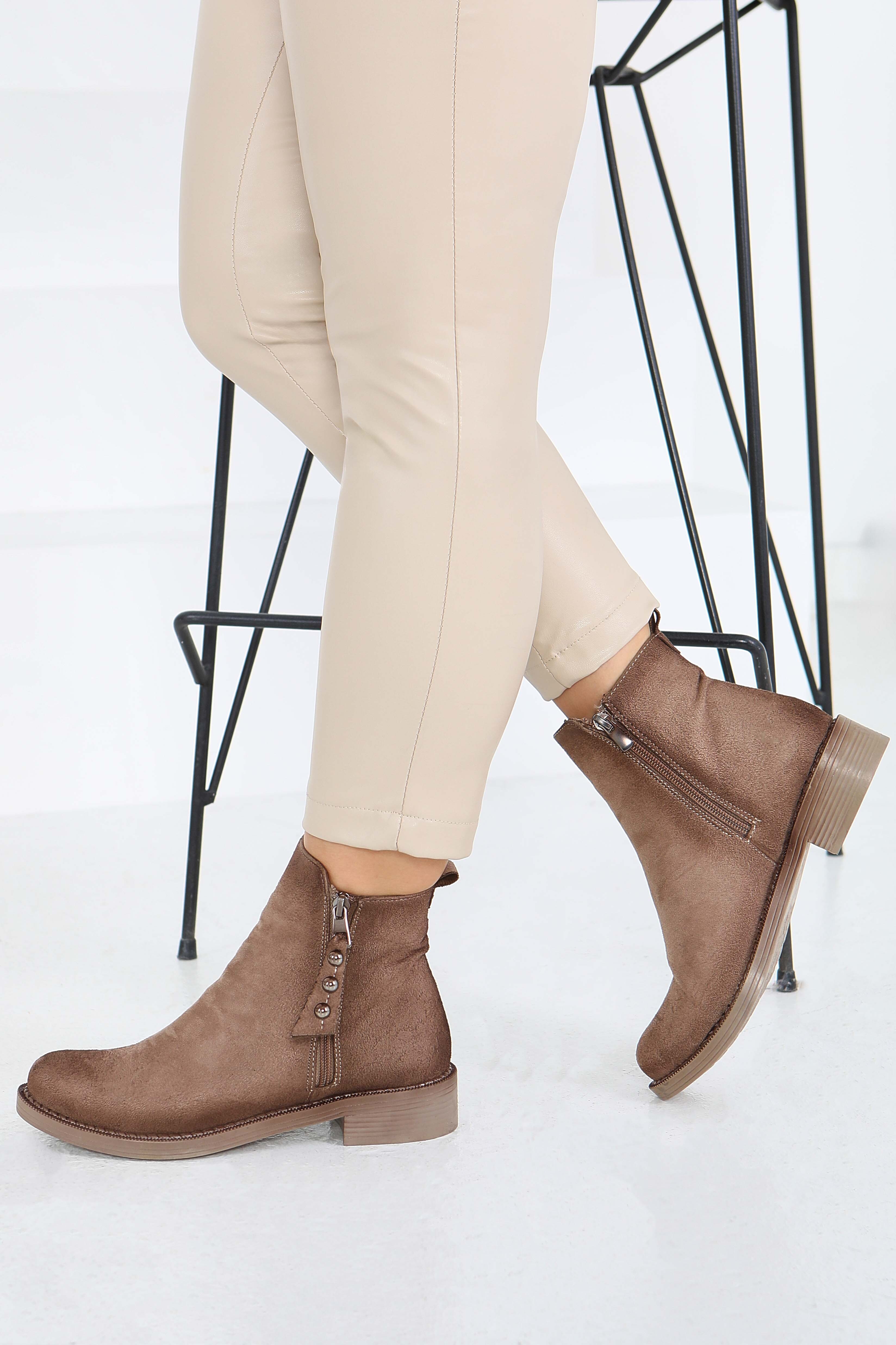 Kadın Vizon Yanları Fermuarlı Süet Bot - 27850-VIZON - 4