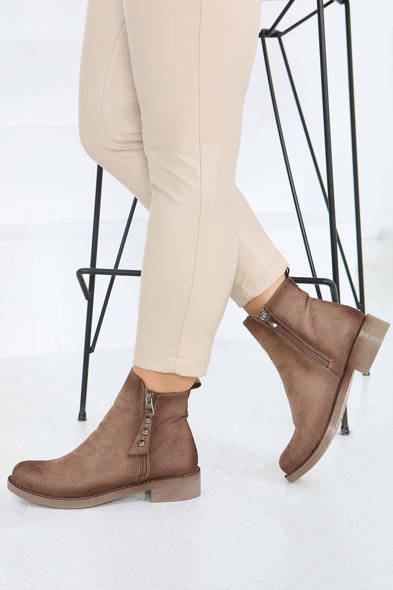 Kadın Vizon Yanları Fermuarlı Süet Bot - 27850-VIZON - TOFİSA