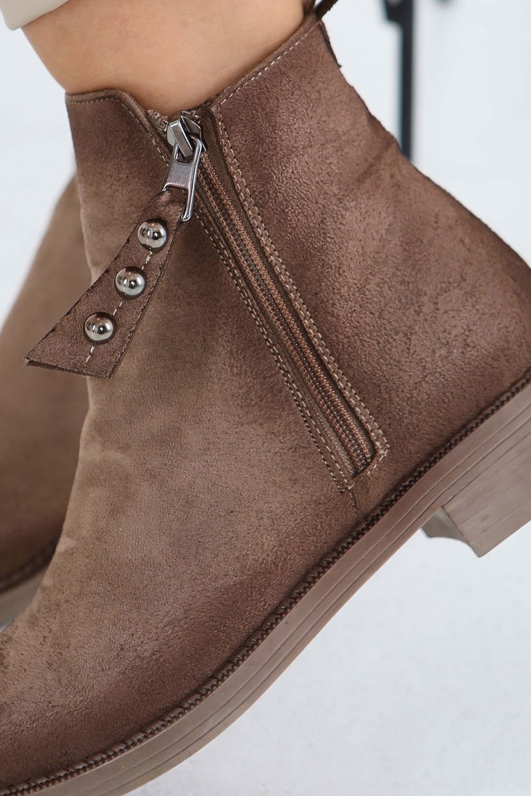 Kadın Vizon Yanları Fermuarlı Süet Bot - 27850-VIZON - TOFİSA