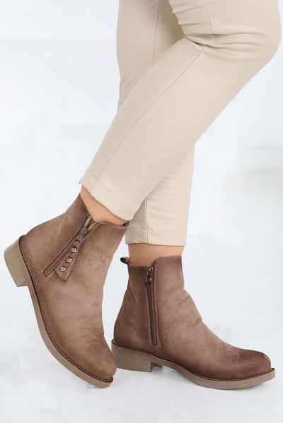 Kadın Vizon Yanları Fermuarlı Süet Bot - 27850-VIZON 