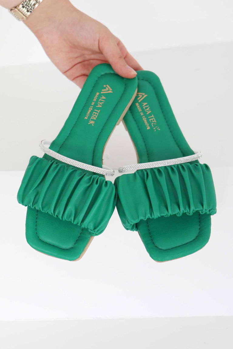 Kadın Yesil Taşlı Terlik - 27405 - TOFİSA