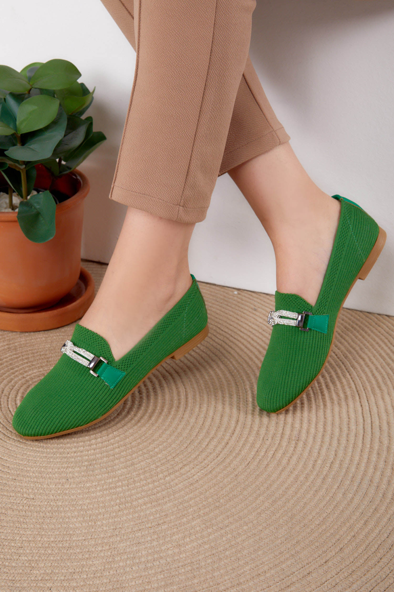 Kadın Yesil Tokalı Babet - 25729 - 2