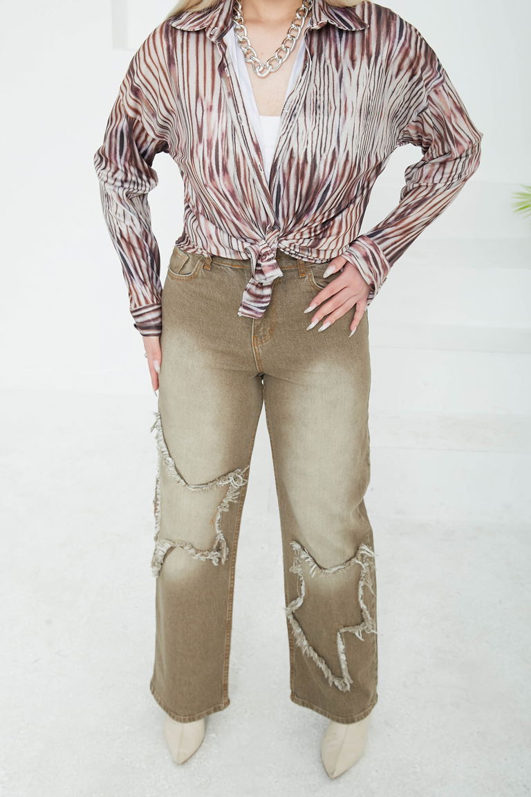 Kadın Yüksel Bel Püskül Detaylı Palazzo Jean Kot Pantolon Tint-kahve - 26822 - TOFİSA