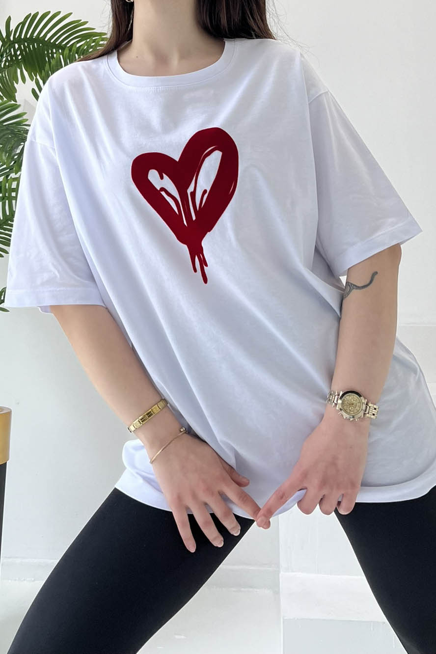 Kalp Baskılı Kısa Kollu T-Şhirt Beyaz - 27029 - 1