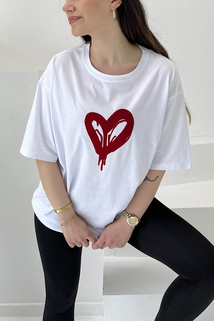Kalp Baskılı Kısa Kollu T-Şhirt Beyaz - 27029 - 2