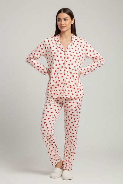 Kalp Baskılı Pijama Takımı - 27939-EKRU 