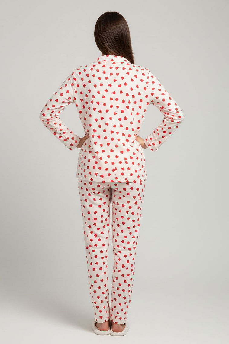 Kalp Baskılı Pijama Takımı - 27939-EKRU - 2