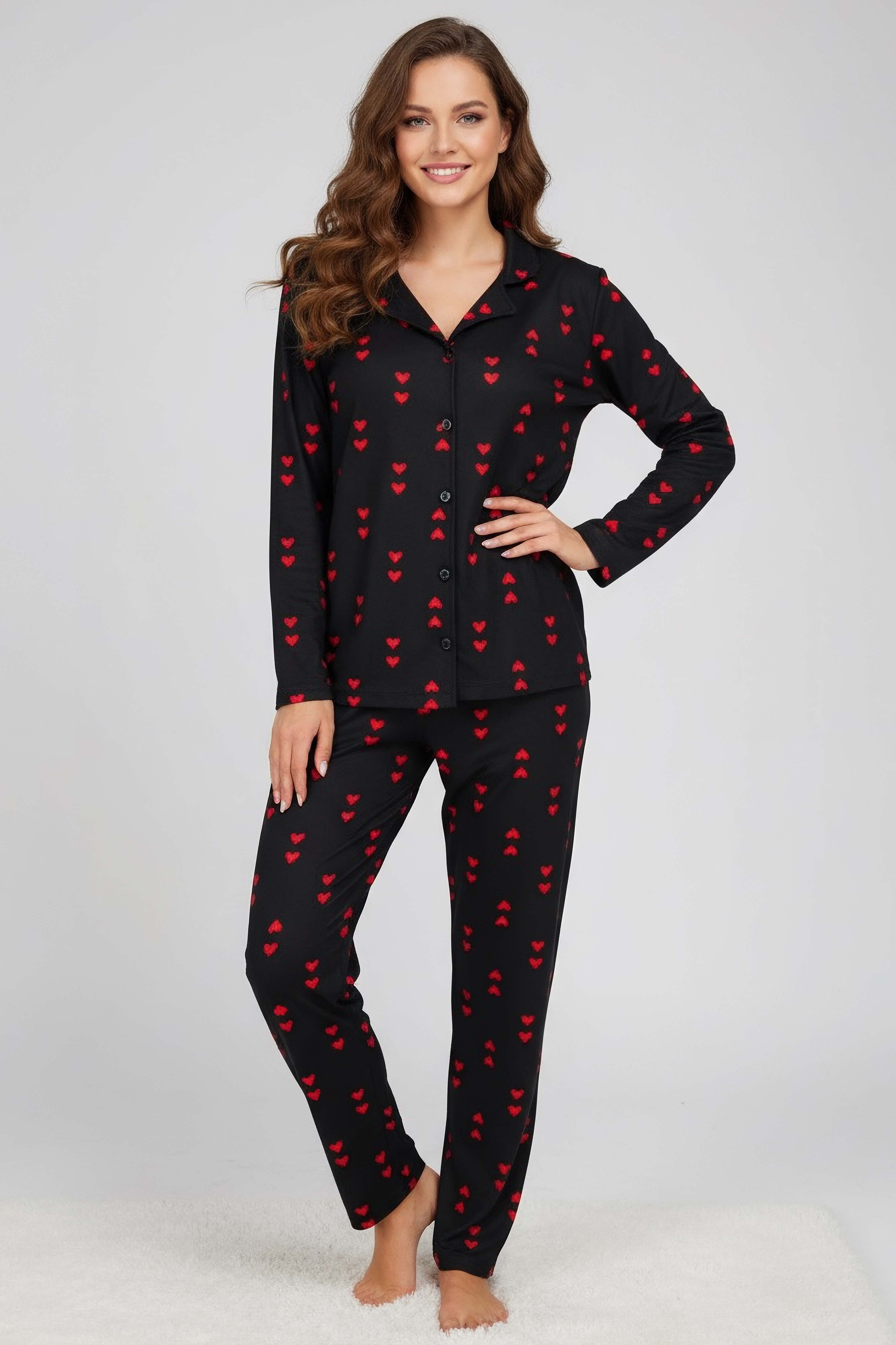 Kalp Baskılı Pijama Takımı - 28022-SIYAH - 1