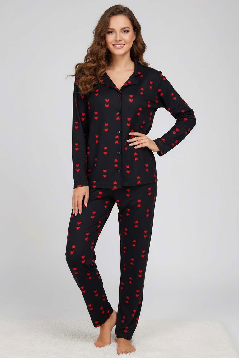 Kalp Baskılı Pijama Takımı - 28022-SIYAH - TOFİSA