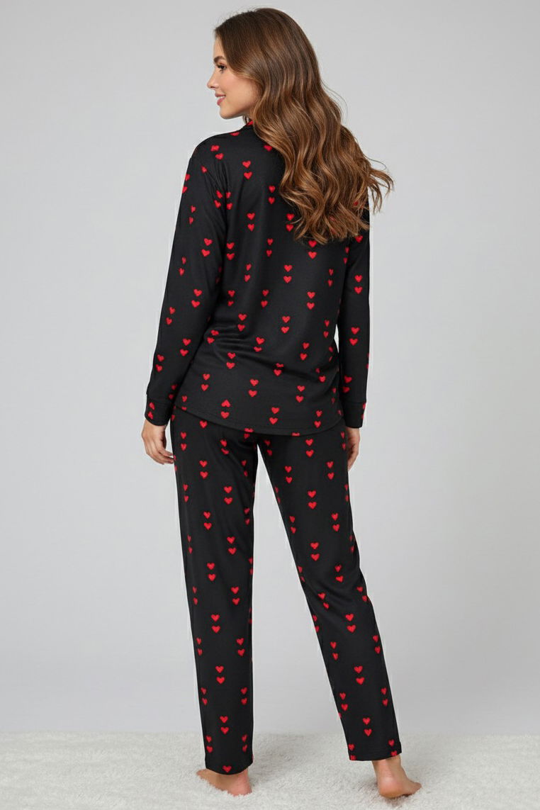 Kalp Baskılı Pijama Takımı - 28022-SIYAH - TOFİSA