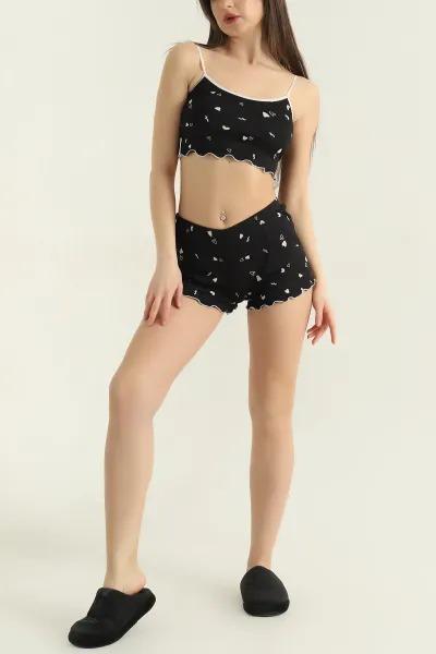 Kalp Desenli Şortlu Takım Siyah - 27440 - 2