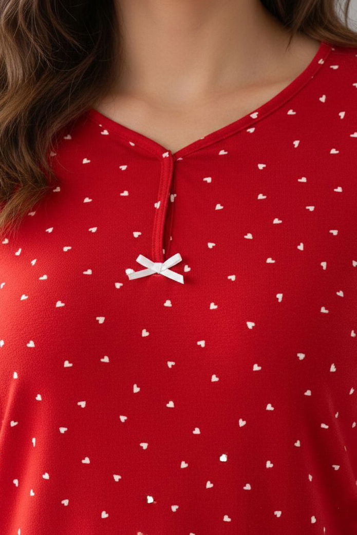 Kalp Desenli Süet Pijama Takımı - 28288-KIRMIZI - 2