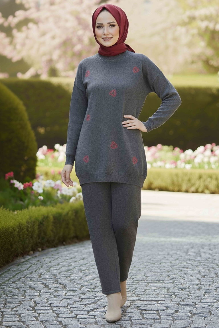 Kalp Detaylı Triko İkili Takım - 28124-ANTRASIT - TOFİSA