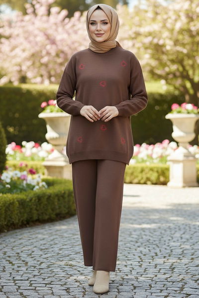 Kalp Detaylı Triko İkili Takım - 28124-KAHVE 