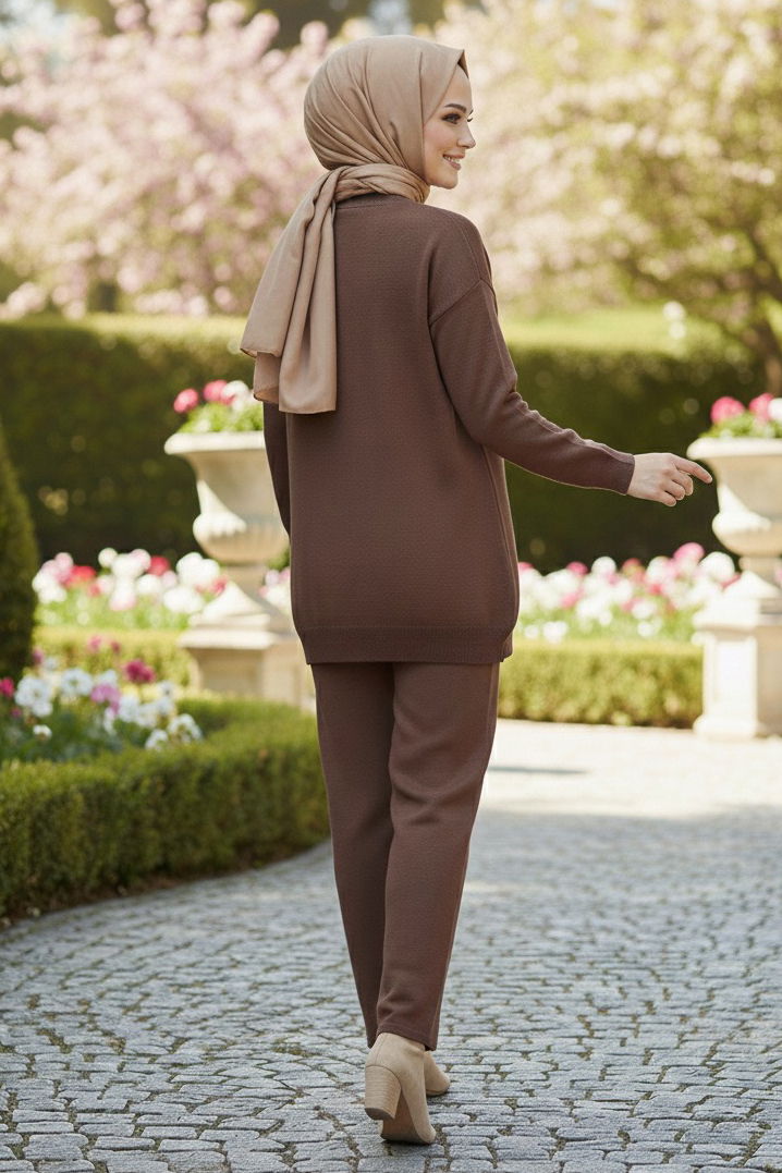 Kalp Detaylı Triko İkili Takım - 28124-KAHVE - TOFİSA