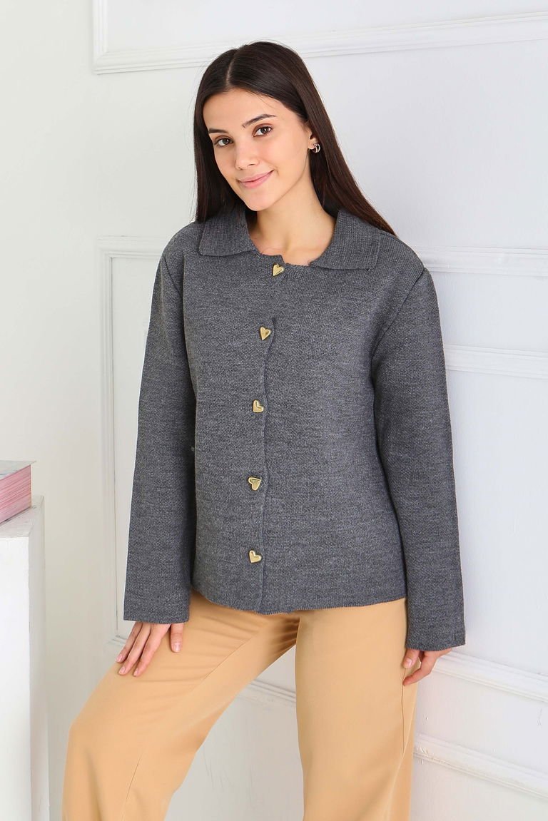 Kalp Düğmeli Triko Ceket - 27835-ANTRASIT - TOFİSA