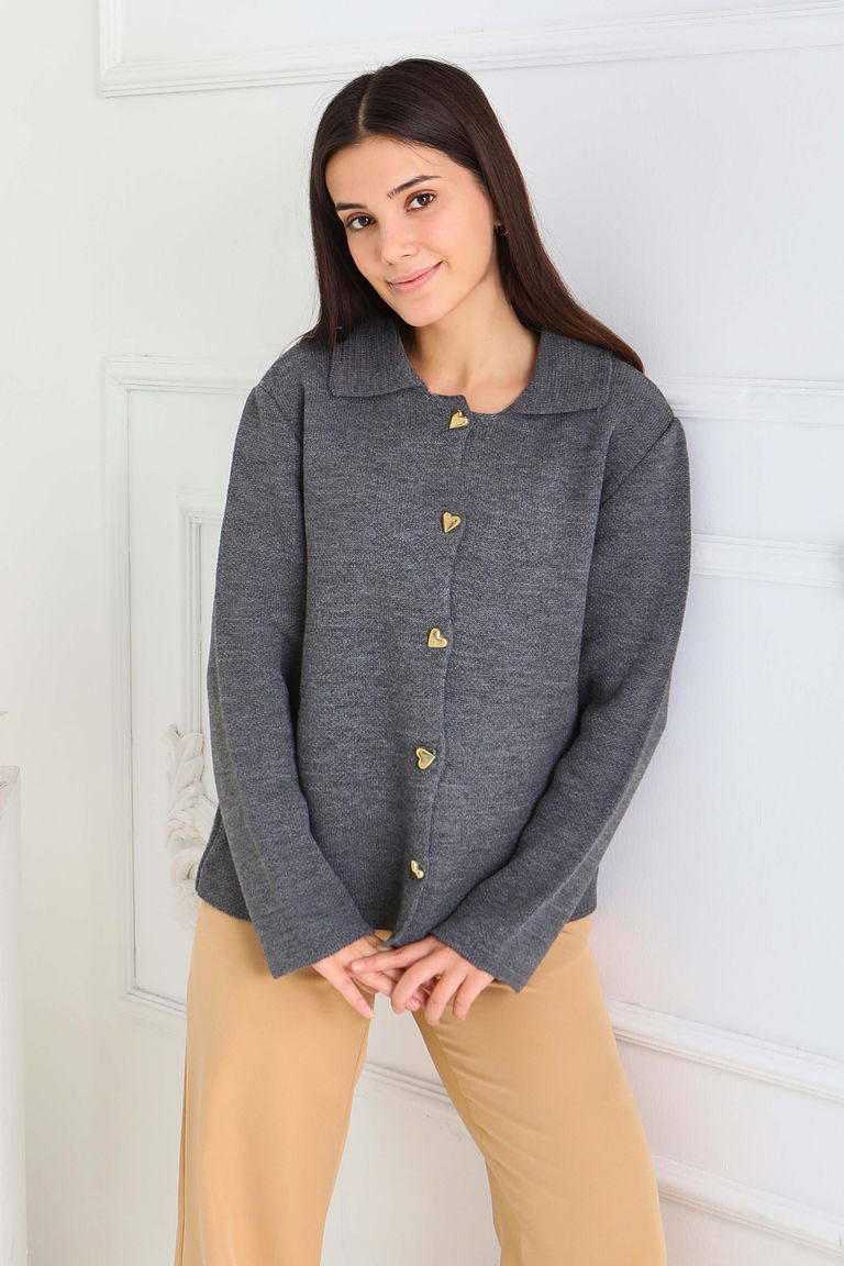 Kalp Düğmeli Triko Ceket - 27835-ANTRASIT - TOFİSA