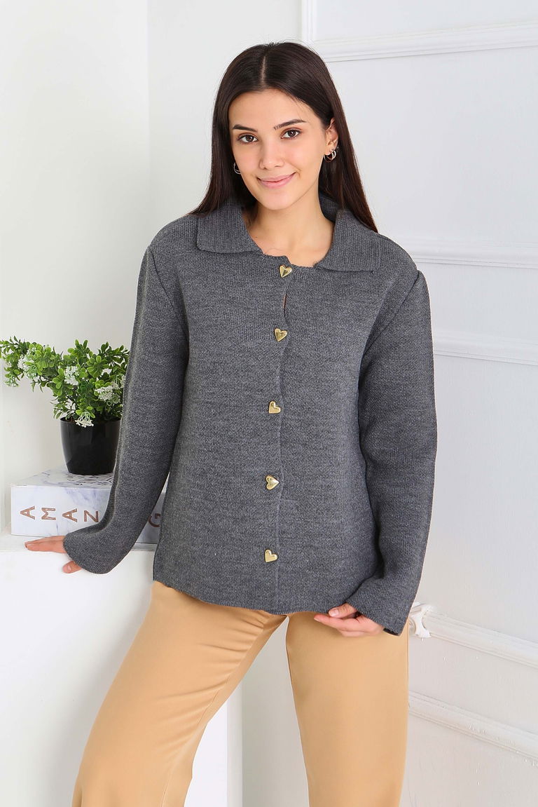 Kalp Düğmeli Triko Ceket - 27835-ANTRASIT - TOFİSA